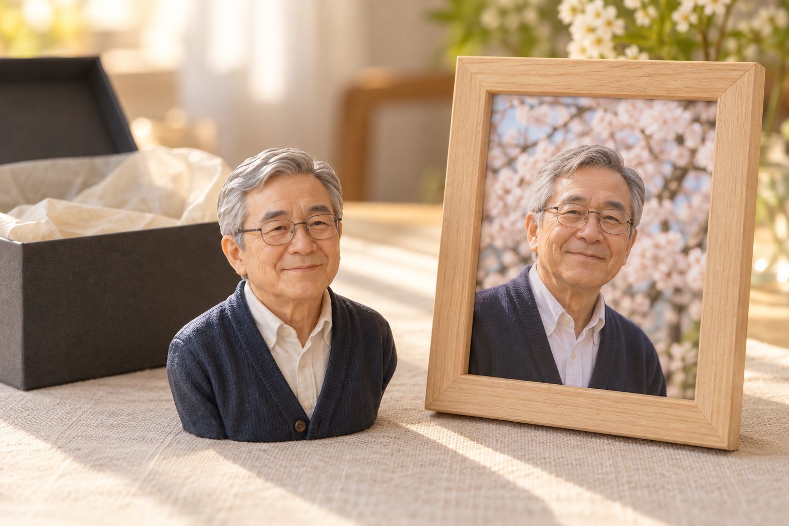 眼鏡の男性の胸像のフィギュアと、同じ方の写真を入れた木の写真立て