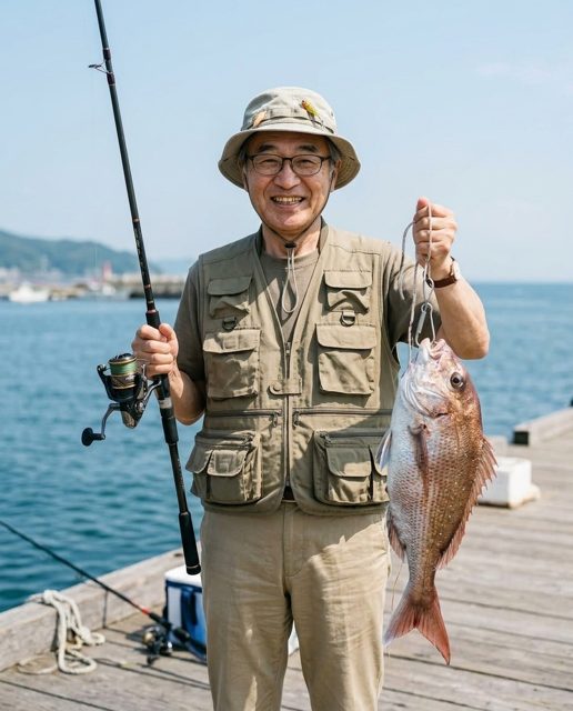 釣り竿と鯛を持った姿