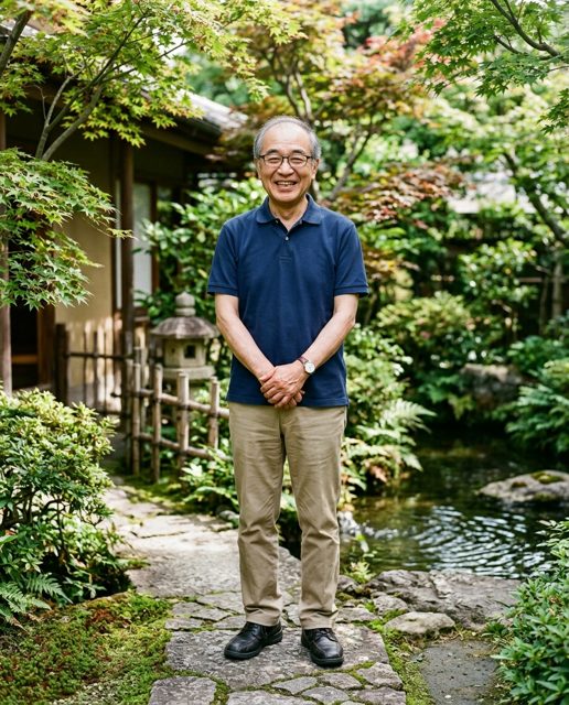 庭に立つおじいさんの写真