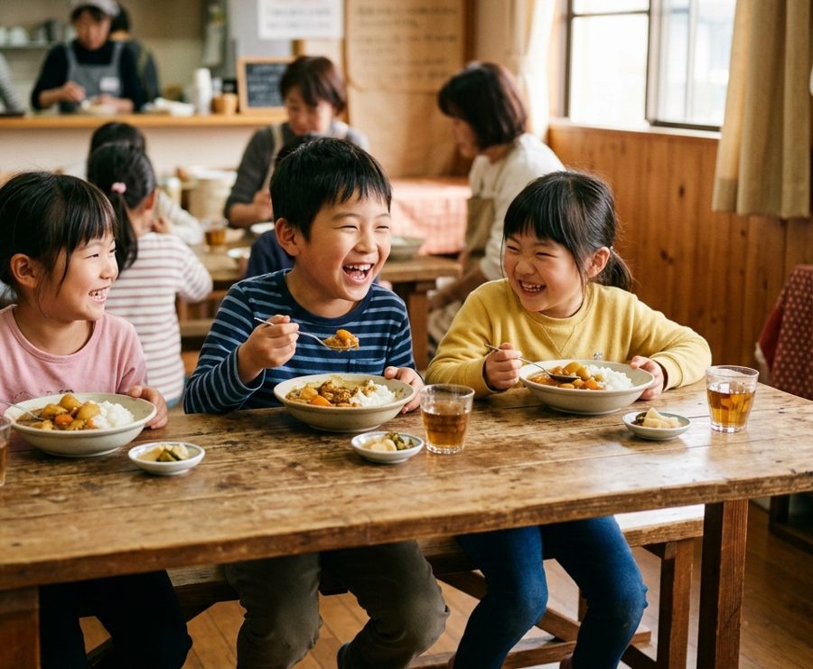 テーブルを囲んでカレーを食べながら笑う子どもたち