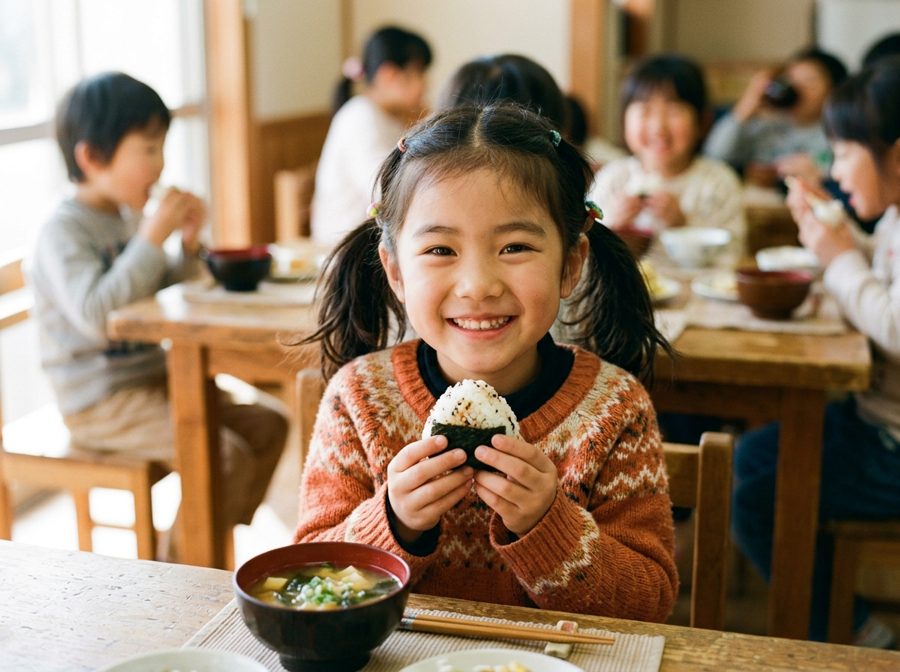 おにぎりを両手で持って笑う女の子