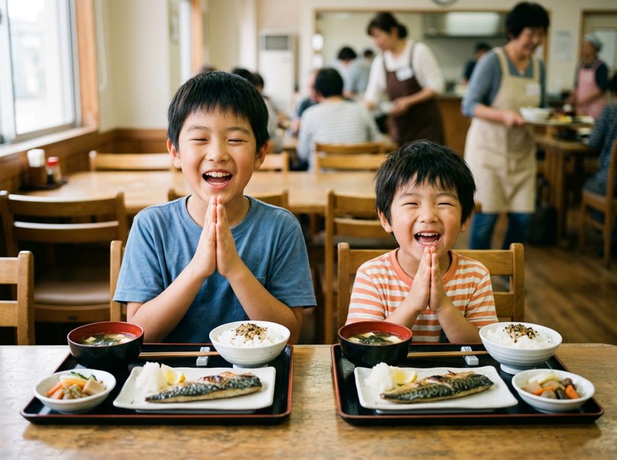 「いただきます」と手を合わせる男の子ふたり
