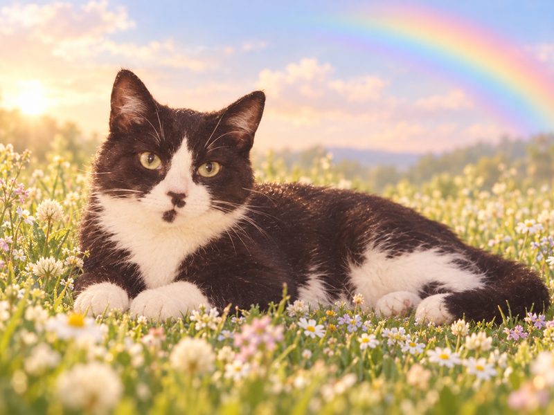 同じ猫が、虹のかかる花畑でくつろいでいる写真