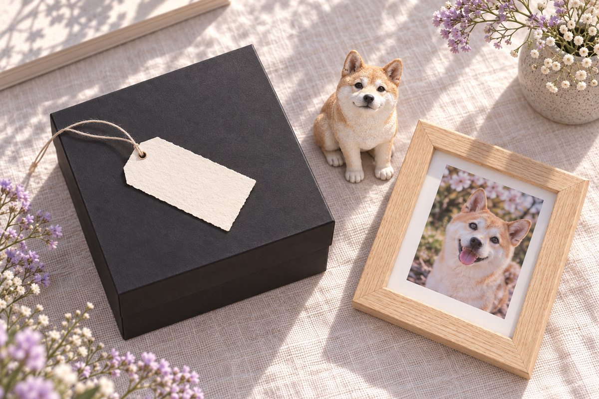 ふたを閉じた黒いギフトボックスと札、柴犬のフィギュアと写真立て
