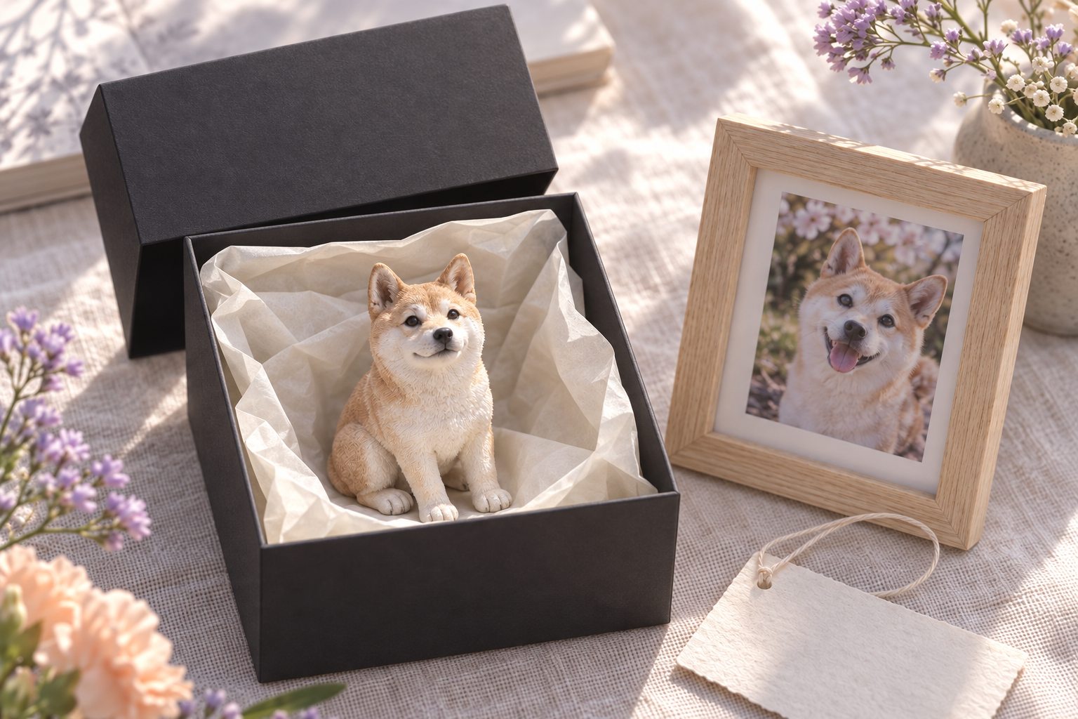 黒いギフトボックスに入った柴犬のフィギュアと、同じ柴犬の写真を入れたフォトフレーム、手書きの札