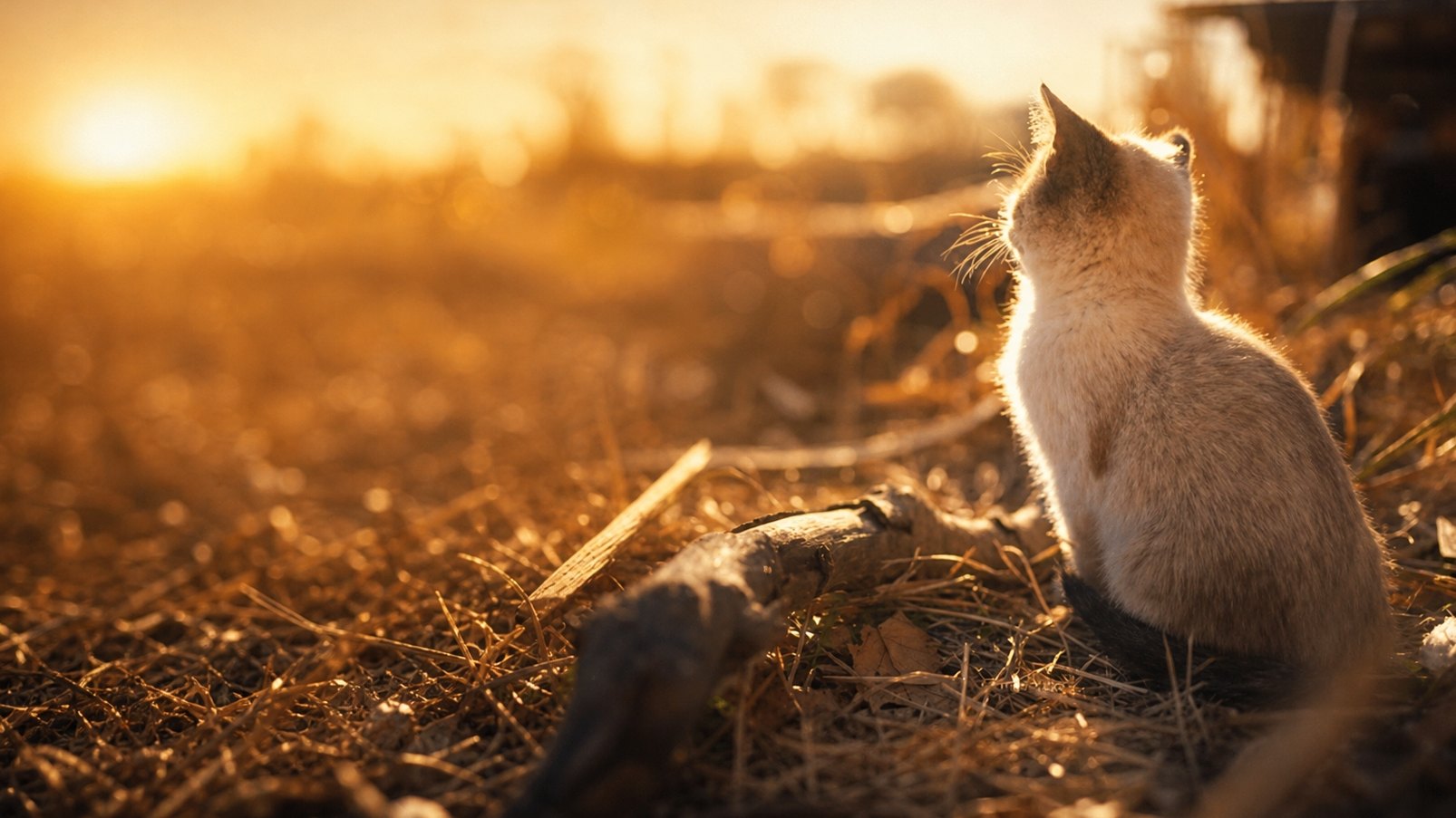 夕暮れの野原で遠くを見つめる猫