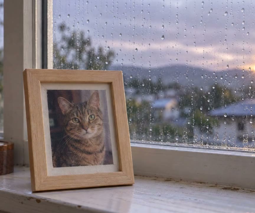 雨上がりの窓辺。写真立てのとなりに、写真と同じ子のフィギュアが座っている