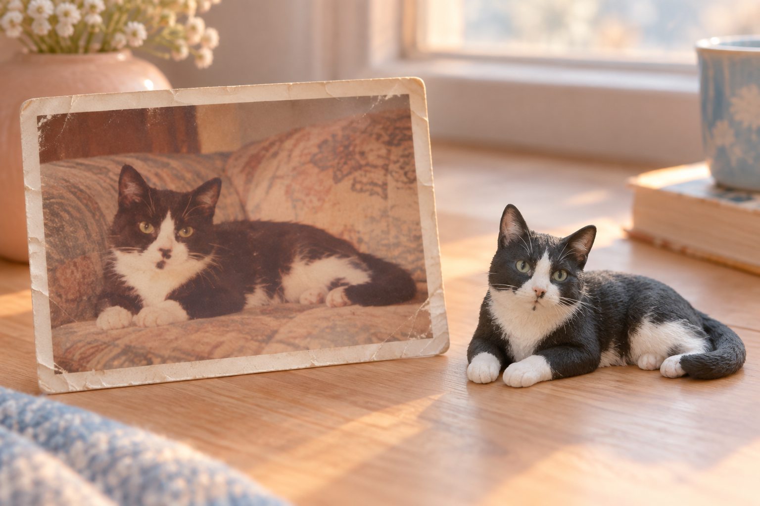 色あせた昔の写真の猫と、同じ姿のフィギュア