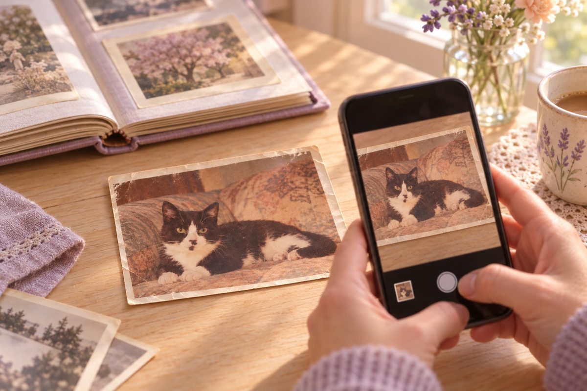 アルバムの古い猫の写真を、スマートフォンで撮っている手元