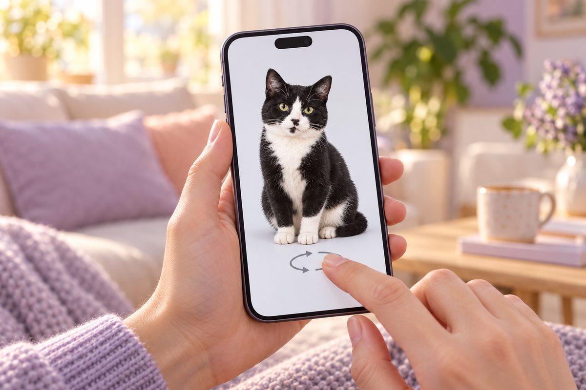 スマートフォンで、同じ猫の3Dモデルを回して確かめている手元