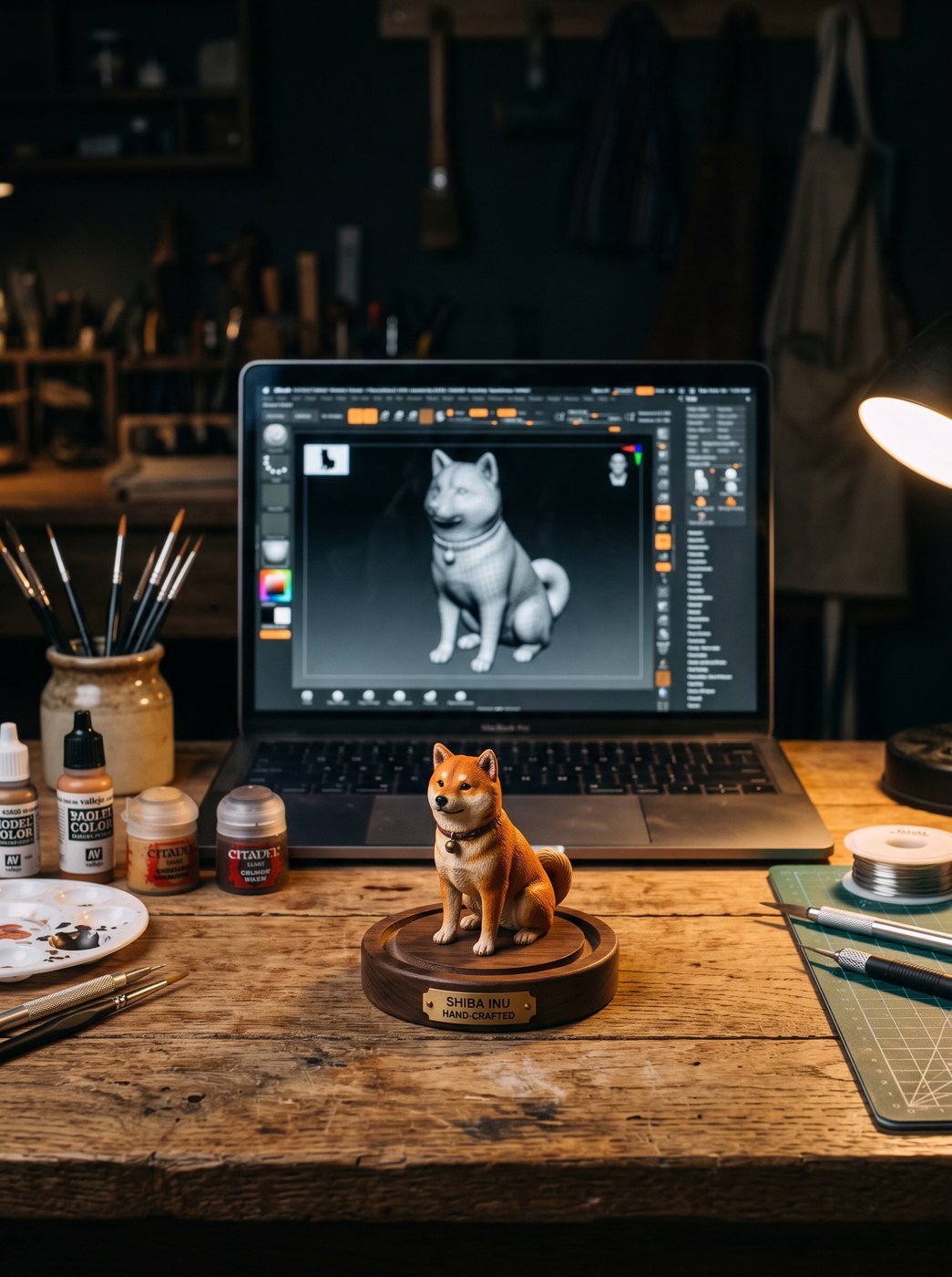 3Dモデルを表示したパソコンと、完成した手彩色のフィギュア