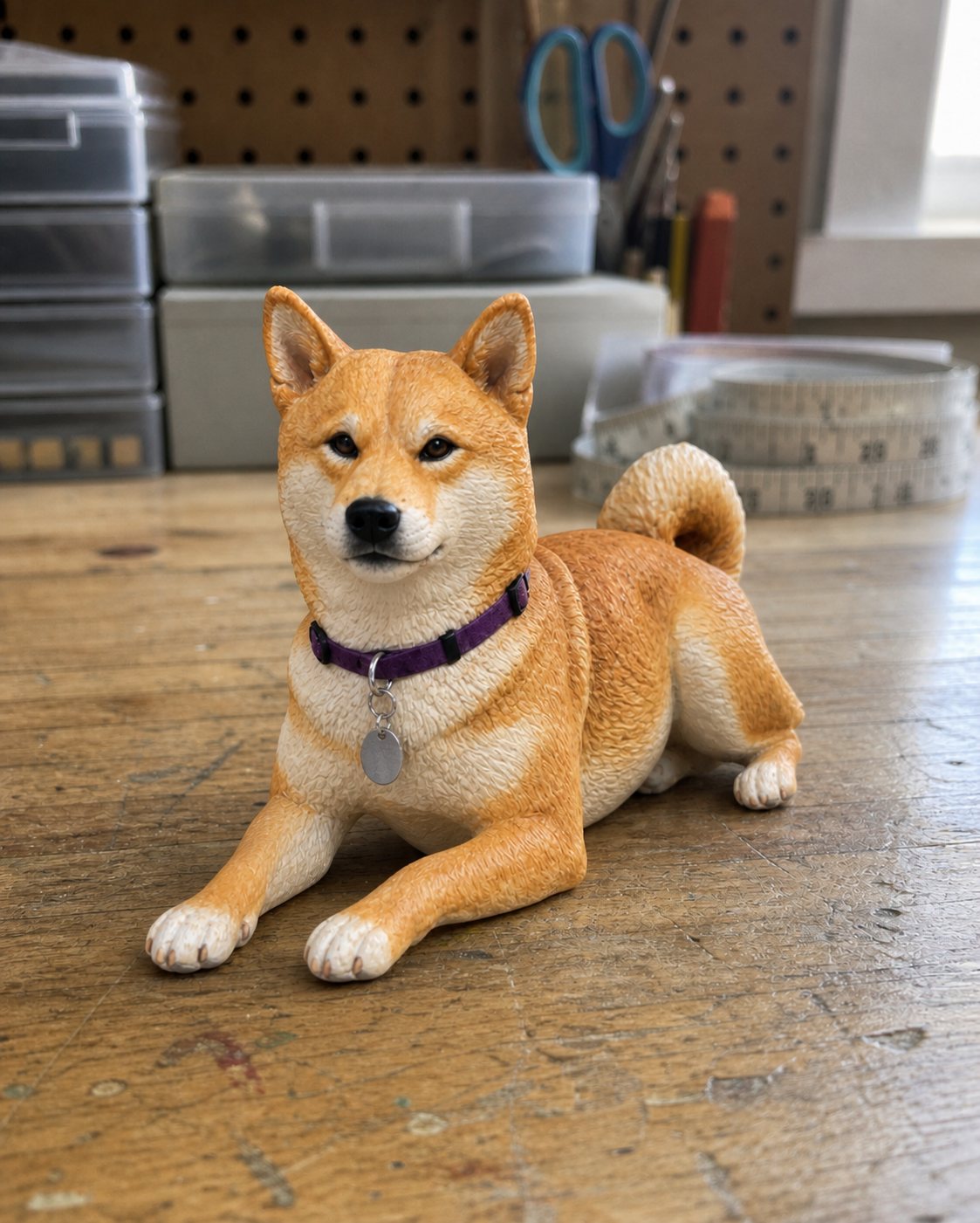 趣味の部屋の棚に置かれた、柴犬のフィギュア
