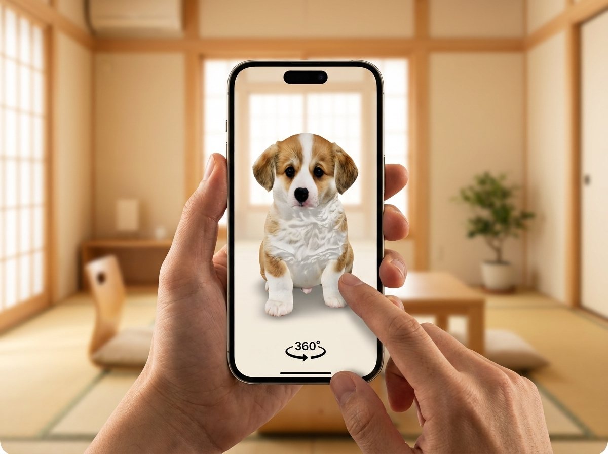 スマートフォンで犬の3Dモデルを360°回して確認している様子