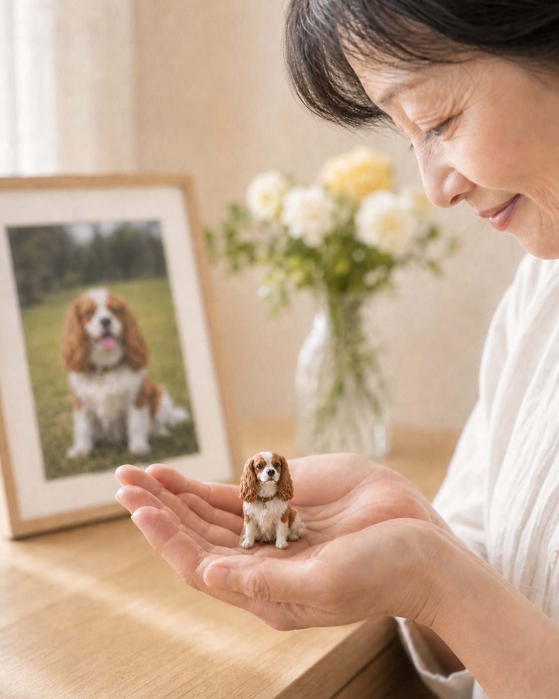 写真立てのそばで、手のひらにフィギュアをのせる女性